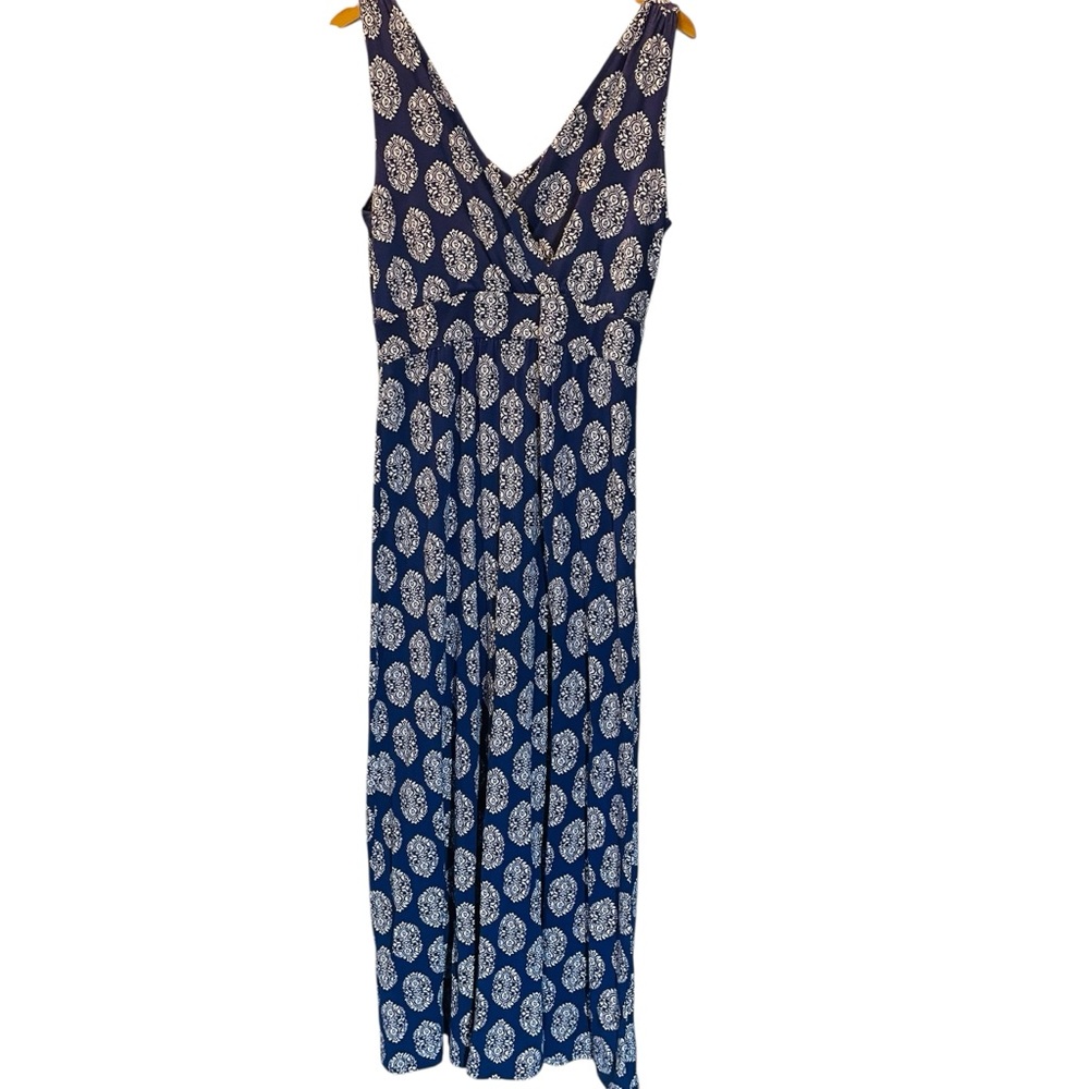 Garnet Hill Sleeveless Maxi Dress V-Neck Navy Blue White Size 10P Resortwear